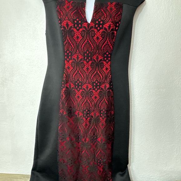 Connected Apparel Black and Red Lace Midi Dress - Picture 1 of 3